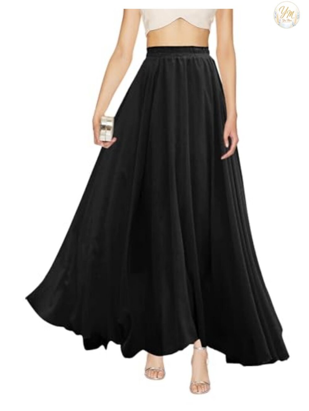 Women's Pleated Maxi Chiffon Skirt A-Line Elastic High Waist Full Ankle Length